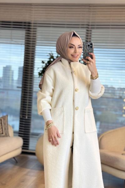 15231 Angora Uzun Patı Metal Düğmeli Kaban Ekru
