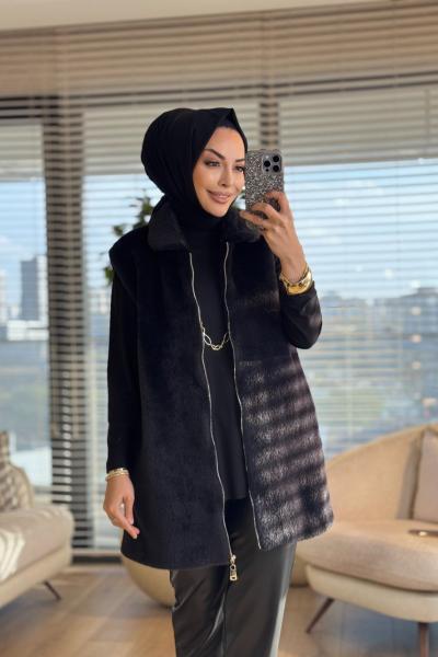 15238 Peluş Önden Fermuarlı Yelek Siyah