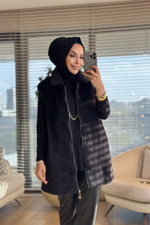 15238 Peluş Önden Fermuarlı Yelek Siyah