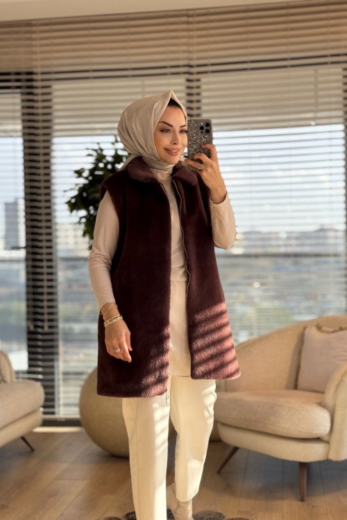 15238 Peluş Önden Fermuarlı Yelek Kahve