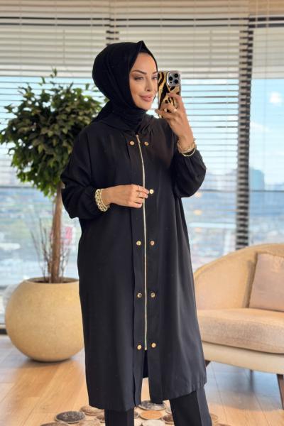 15251 Önü Fermuar Ve Çıtçıtlı Kapşonlu Kap Siyah