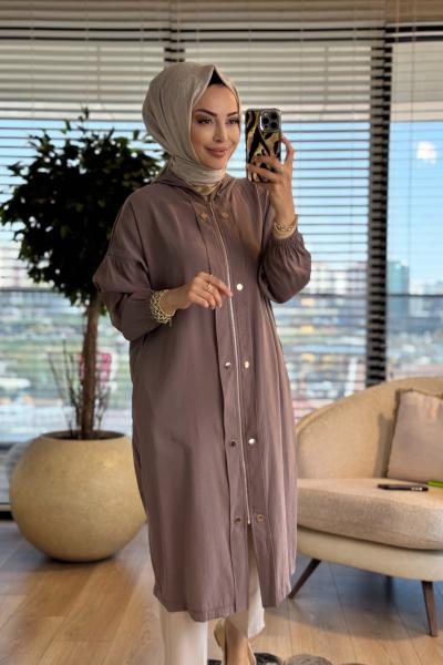 15251 Önü Fermuar Ve Çıtçıtlı Kapşonlu Kap Vizon