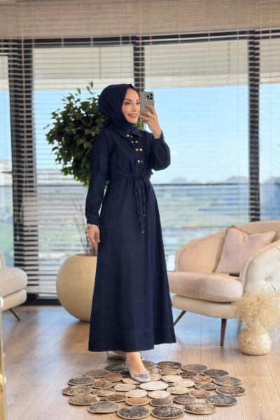 1526 Patı İki Sıra Düğmeli Kot Elbise Lacivert