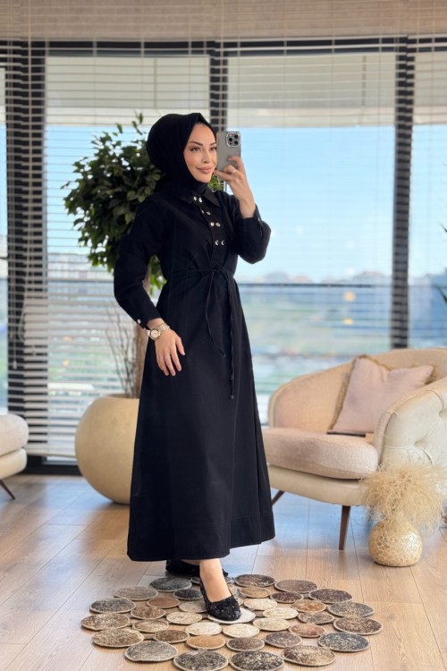 1526 Patı İki Sıra Düğmeli Kot Elbise Siyah