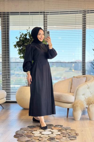 1529 Beli Kemerli Tencel Elbise Siyah