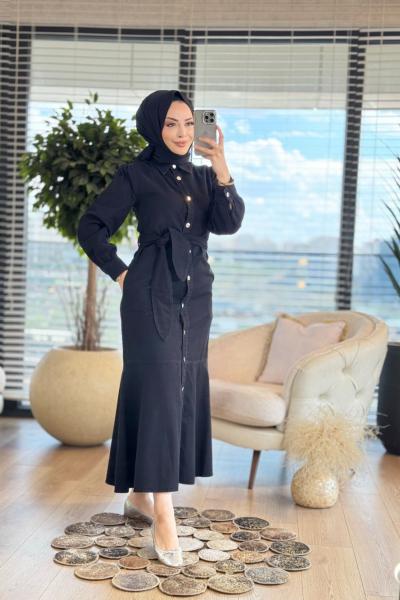 1530 Önden Düğmeli Kot Elbise Siyah