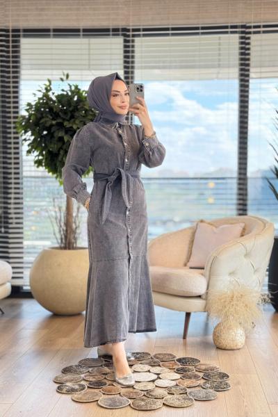 1530 Önden Düğmeli Kot Elbise Gri