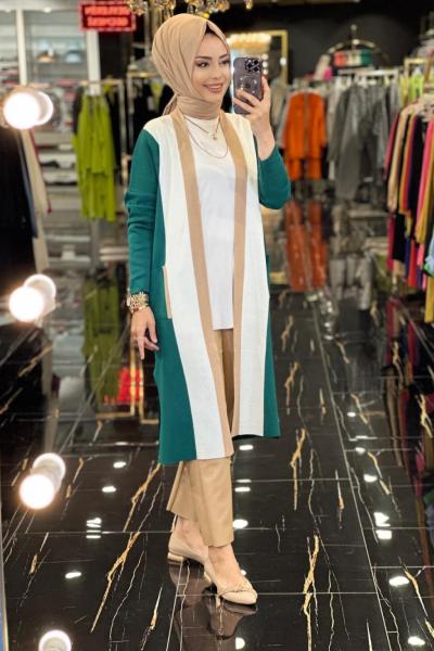 154 Boyuna Kalın Çizgili Hırka Zümrüt