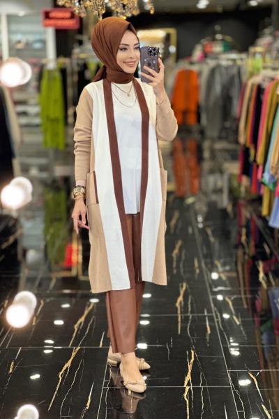 154 Boyuna Kalın Çizgili Hırka Latte