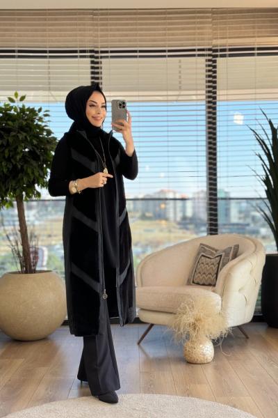 16-1032 Deri Ve Kürk Parçalı Yelek Siyah