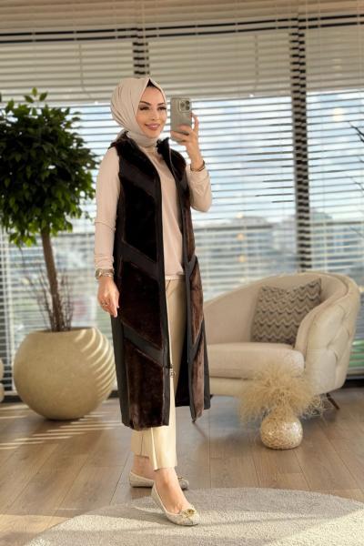 16-1032 Deri Ve Kürk Parçalı Yelek Kahve