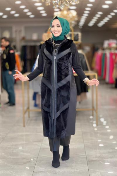 16-1032 Deri Ve Kürk Parçalı Yelek Siyah