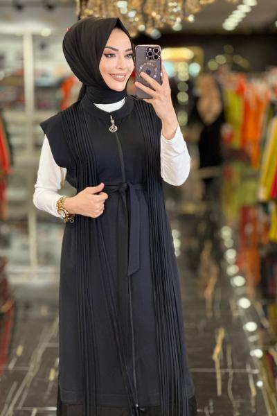 16-1076 Önü İp Sallantılı Yelek Siyah