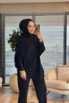 161  Asimetrik Omzu Drapeli Triko Tunik Siyah