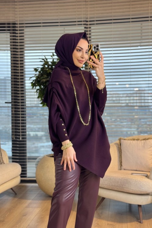 161  Asimetrik Omzu Drapeli Triko Tunik Mürdüm