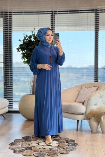 1620 Piliseli Balon Kol Elbise İndigo