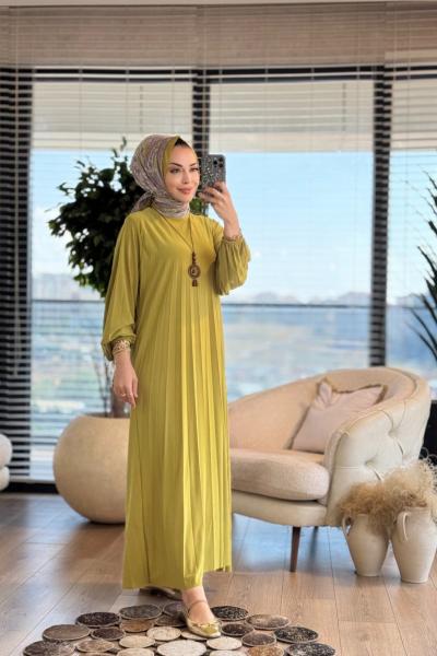 1620 Piliseli Balon Kol Elbise Yağ Yeşili