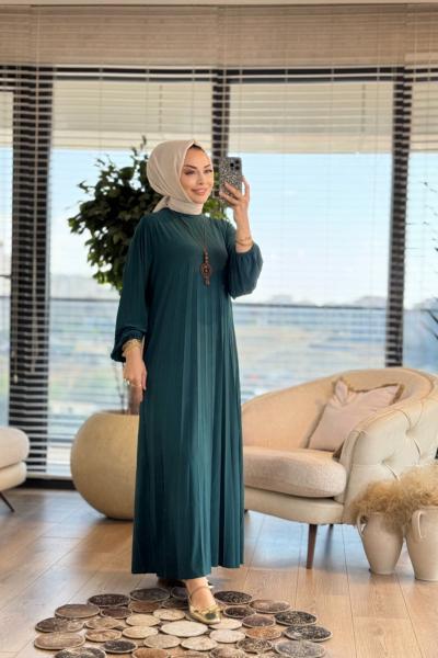 1620 Piliseli Balon Kol Elbise Zümrüt