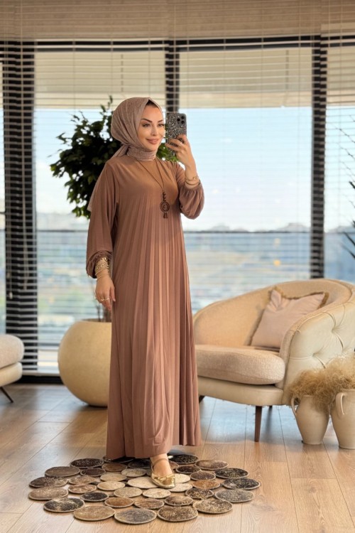 1620 Piliseli Balon Kol Elbise Latte