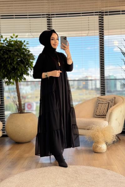 16215 Yanları Şifon Parçalı Kap Siyah