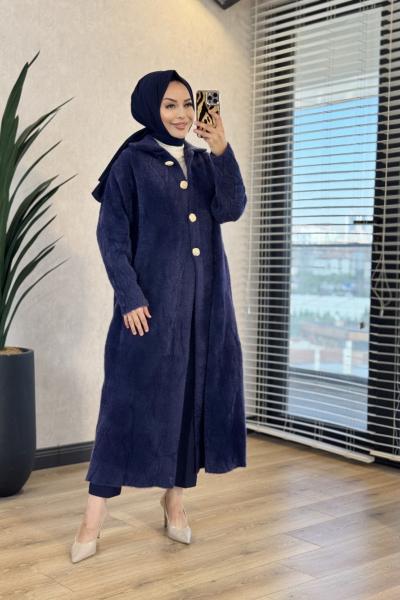 165 Kendinden Desenli Uzun Angora Kaban Lacivert