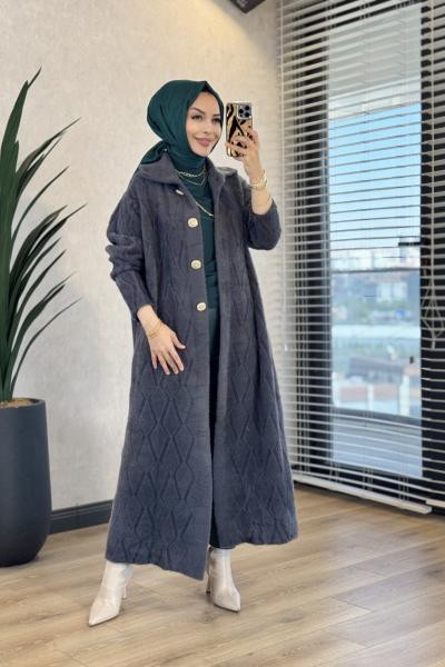 165 Kendinden Desenli Uzun Angora Kaban Antrasit