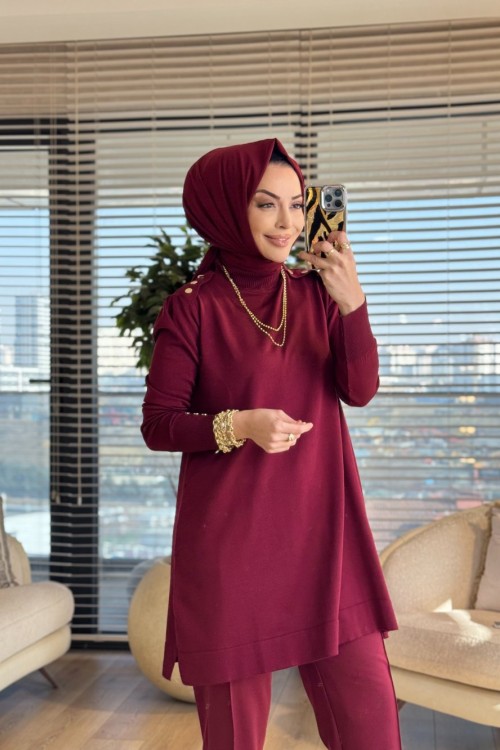 165 Omzu Düğmeli Triko Tunik Bordo