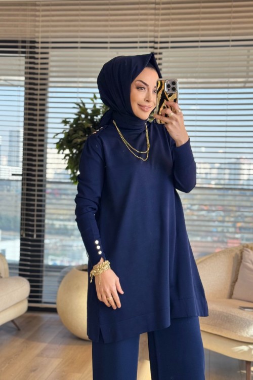 165 Omzu Düğmeli Triko Tunik Lacivert