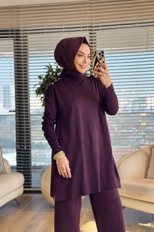 165 Omzu Düğmeli Triko Tunik Mürdüm