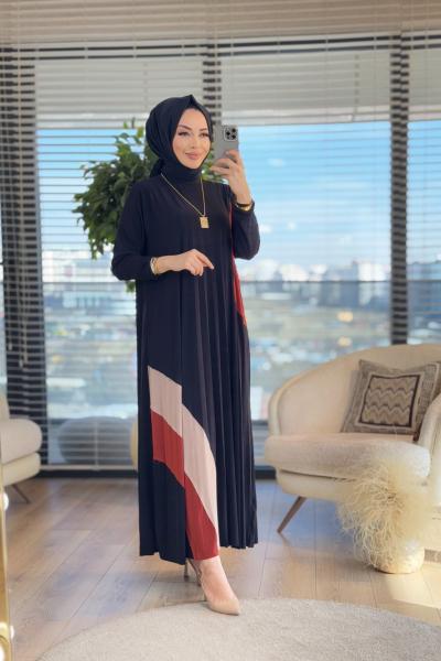 1675 Pliseli Renkli Elbise Siyah