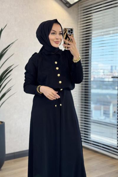 170 Ön Arka V Desenli Triko Elbise Siyah