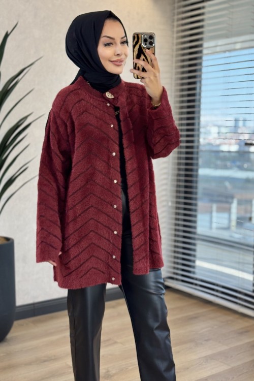 171 Angora V Desenli Kısa Hırka Bordo