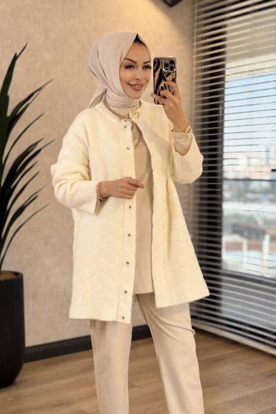 171 Angora V Desenli Kısa Hırka Ekru