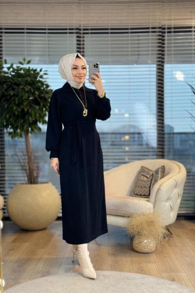 1710 Geniş Yaka Fitilli Elbise Siyah