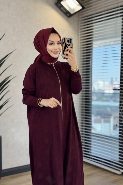 172 Kendinden Desenli Fermuarlı Ferace Bordo