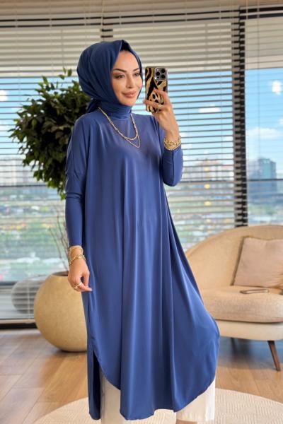 1735 Sandy Yarasa Kol Tunik İndigo