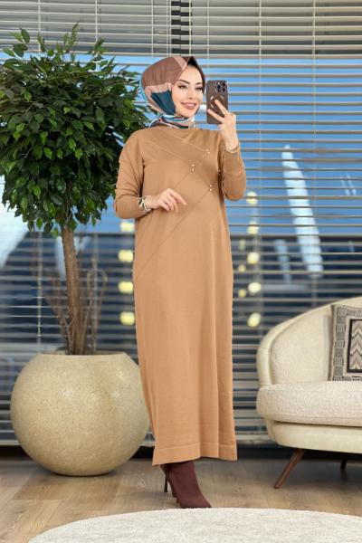 180 Önü Taşlı Triko Elbise Latte