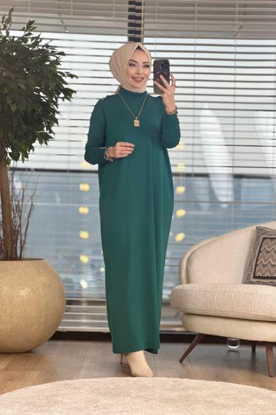182 Omuzu İnci İşli Triko Elbise Zümrüt