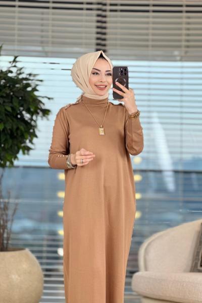 182 Omuzu İnci İşli Triko Elbise Latte