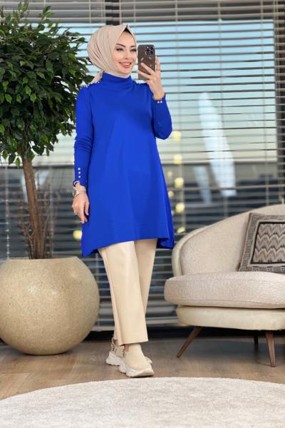 183 Omuzu İncili Triko Tunik Saks