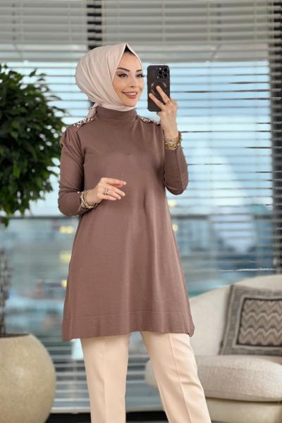 183 Omuzu İncili Triko Tunik Vizon