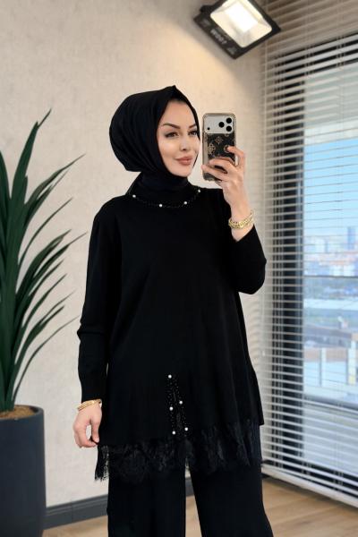 186 Yaka Ve Eteği İnci Ve Dantelli Triko Takım Siyah