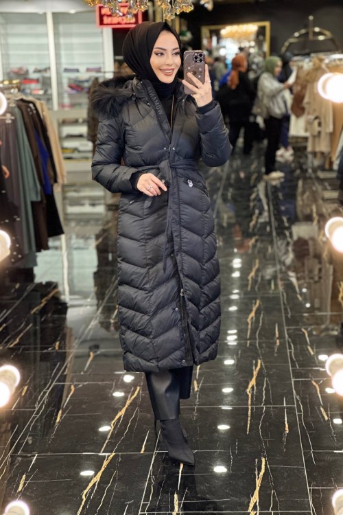 18692 X Jacket Şişme Kapş.Kürklü Kaban Siyah