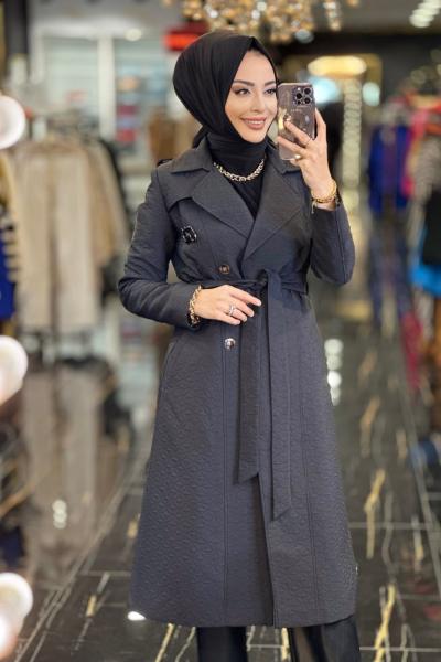 19-1082 Kendinden Desenli Trenç Siyah