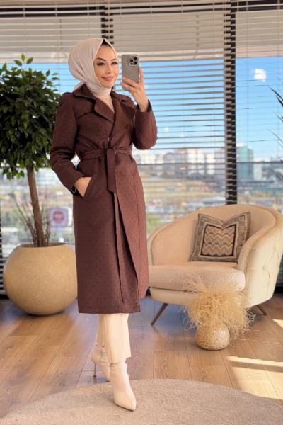 19-1113 Çiçek Kapitone Nakışlı Trenç Kahve