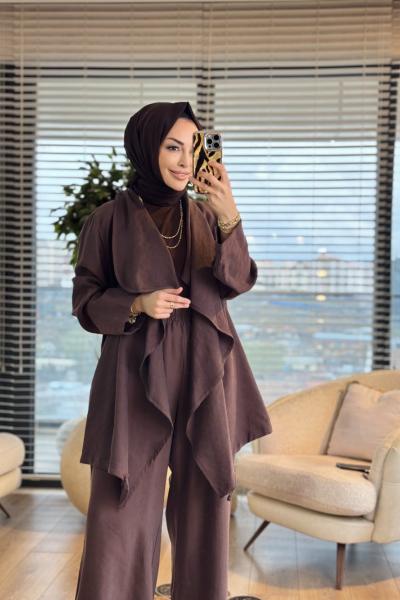 19267 Şal Yaka Büyük Beden Takım Kahve