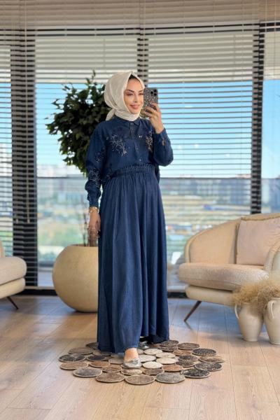 1936 Tencel Üstü Pul Ve Sim Nakışlı Gömlek Koyu Mavi