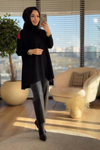 195 Fermuar Patlı Triko Tunik Siyah Kırmızı