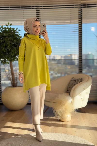 195 Fermuar Patlı Triko Tunik Yağ Yeşili