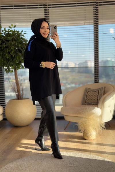 195 Fermuar Patlı Triko Tunik Siyah İndigo